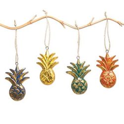 Tropical Holiday,'Wood Pineapple Holiday Ornaments from Bali (Set of 4)'
