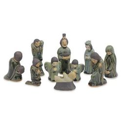 Celadon ceramic nativity scene, 'Iridescent Holy Birth' (10 pieces)