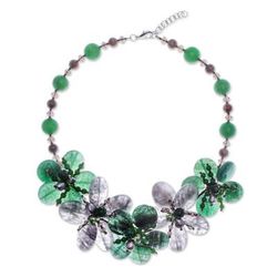 Nature Spring,'Floral Quartz and Cultured Pearl Statement Necklace in Green'