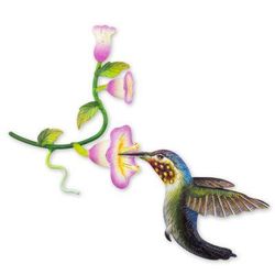 Steel wall art, 'Hummingbird and Hollyhocks'