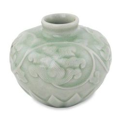 Celadon ceramic petite vase 'Voluptuous Lotus'