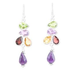 'Multi-Gemstone Sterling Silver Dangle Earrings from India'