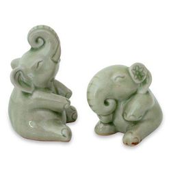 'Happy Green Elephants' (pair) - Hand Made Celadon Ceramic Sculptures