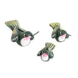 Hummingbird Family,'Set of 3 Hummingbird Ceramic Figurines from Guatemala'