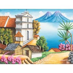 'San Antonio Palopo I' Guatemalan Landscape Scene in Oil on Canvas