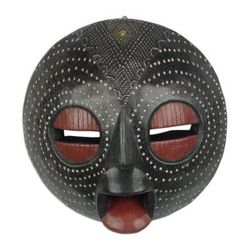 Ntiasea Face,'African Sese Wood and Aluminum Mask in Black from Ghana'