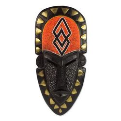 Hand Crafted African Wood Mask with Beads and Brass Accents 'Fearless Warrior'