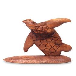 Wood sculpture, 'Surfer Turtle'