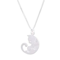 Lazy Cat,'925 Silver Cat Pendant Necklace with Brushed-Satin Finish'