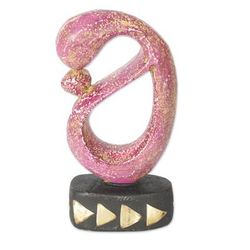 'Brass-Accented Hand-Painted Mother and Child Wood Sculpture'