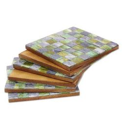 Earthy Checkers,'Six Green and Grey Checkerboard Bone Coasters from India'