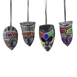 Melowo,'Hand Crafted Beaded Wood Small African Masks (Set of 3)'