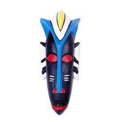 Okomfo,'Hand-Painted African Wood Mask in Black White Blue & Red'