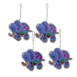 Cerulean Elephants,'Set of Four Wool Beaded Elephant Ornaments from India'