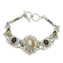 Kintamani Lady,'Balinese Pearl and Gemstone Silver Lace Bracelet'