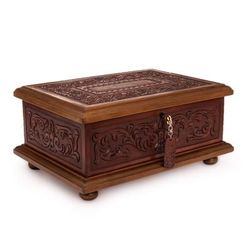 Mohena wood and leather jewelry box, 'Spanish Heritage'