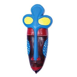 'Hand-Painted African Wood Mask in Brown Blue Yellow & Red'