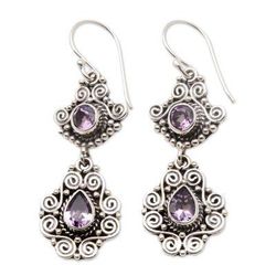 Garden Charm,'Amethyst Dangle Earrings with Ornate Sterling Settings'