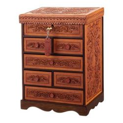 Baroque Secrets,'Handcrafted Traditional Brown Wood and Leather Jewelry Box'
