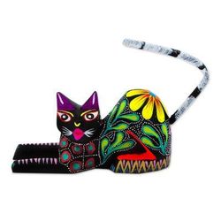 Excited Black Cat,'Copal Wood Floral Alebrije Black Cat Sculpture from Mexico'