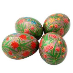 Colorful Blooms,'Artisan Crafted Papier Mache Eggs Hand Painted Set of 4'