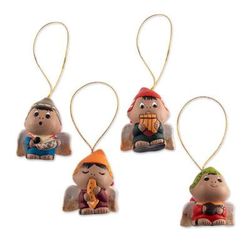 Angel Musicians,'Ceramic Playful Andean Angel Ornaments (Set of 4)'