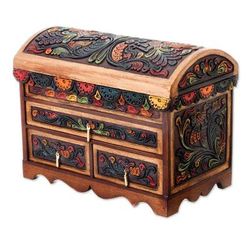Antique Treasure,'Multicolor Wood and Leather Jewelry Box from Peru'