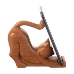'Cat-Themed Handcrafted Cedar Wood Phone Holder from Peru'