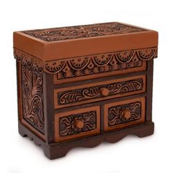 Cedar and leather jewelry box, 'Avian Haven' (large)