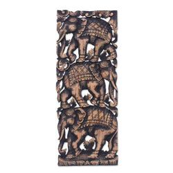 Elephant Parade II,'Elephants on Teakwood Wall Panel from Thailand'