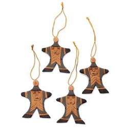 Wood ornaments, 'Happy Blue Santa' (set of 4)