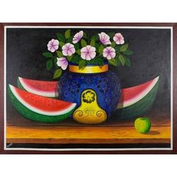 Flowers and Watermelon,'Still Life Painting of Watermelon and Flowers Guatemala Art'
