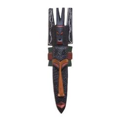 Fierce Red,'Hand Made Red Wood Aluminum African Wall Mask from Ghana'