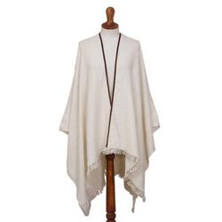 Dreamy Cloud,'Cream 100% Baby Alpaca Wool Suede Trimmed Fringed Ruana'
