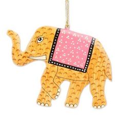 'Hand-Painted Yellow Elephant Wood Ornaments (Set of 3)'