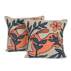 Forest Deer,'Embroidered Deer Motif Cotton Cushion Covers (Pair)'