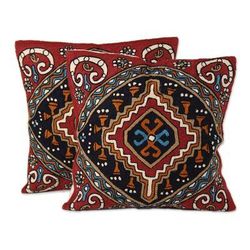 Creative Kite,'Colorful Embroidered Cotton Cushion Covers from India (Pair)'