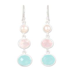 Lovely Trio,'Chalcedony Rose Quartz and Pearl Earrings from India'