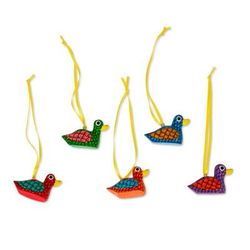 Sweet Ducks,'Painted Wood Alebrije Duck Ornaments (Set of 5) from Mexico'