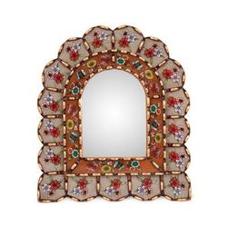 'Reverse-Painted Glass Wood Wall Mirror with Floral Motifs'