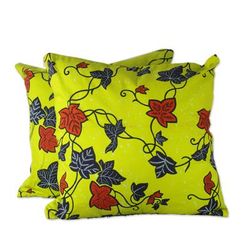Bright and Sunny,'100% Cotton Yellow Leaf Print Pair of Cushion Covers'