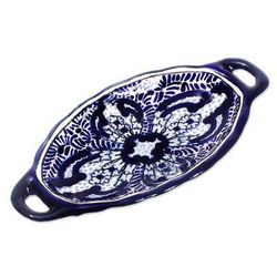 Puebla Kaleidoscope,'Blue and White Talavera Style Ceramic Butter Dish'