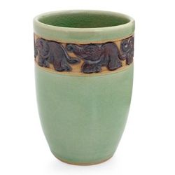 Celadon ceramic teacup, 'Elephant Parade'