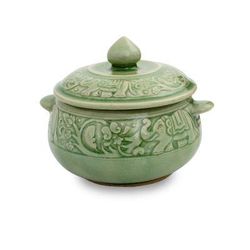 Celadon ceramic covered bowl, 'Green Elephant Forest'
