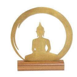 Sitting Buddha Dome,'Brass and Teak Wood Silhouette Sculpture of Buddha'