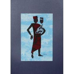 Father's Pride I,'Father and Child Painting with Red and Blue Cotton Accents'