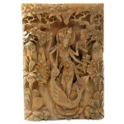 Hindu Goddess Saraswati,'Balinese Hand Carved Relief Panel of the Goddess Saraswati'