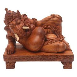 Reclining Ganesha,'Suar and Crocodile Wood Ganesha Sculpture'
