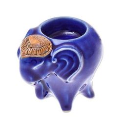 Serene Elephant,'Handcrafted Ceramic Elephant Tealight Holder in Blue'