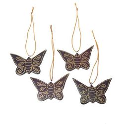 Charmed Butterflies,'Set of 4 Mahogany Wood Butterfly Ornaments from Bali'